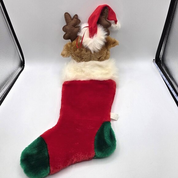 VTG 80s Christmas Red Nose Reindeer Stocking Fukei Ind. 3D Plush Hat Flat Eyes - Picture 3 of 7